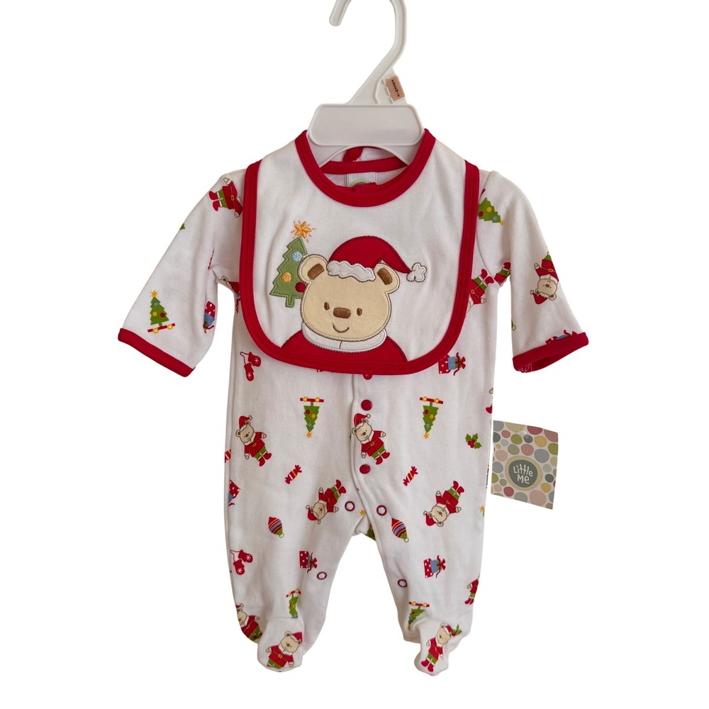 Nwt Little Me Christmas Bear Footie Sleeper and Bib Set Preemie Baby Christmas‎